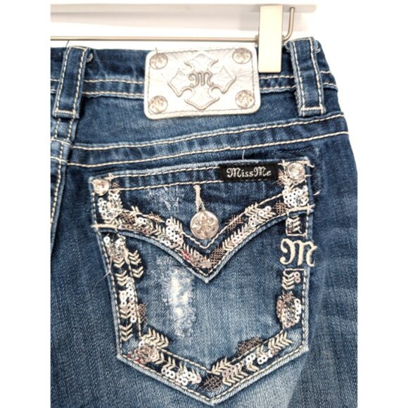 VTG Y2K Miss Me Sequin Vine Pocket Low Rise‎ Boot Cut Distressed Bling Jeans 27 - Picture 7 of 15